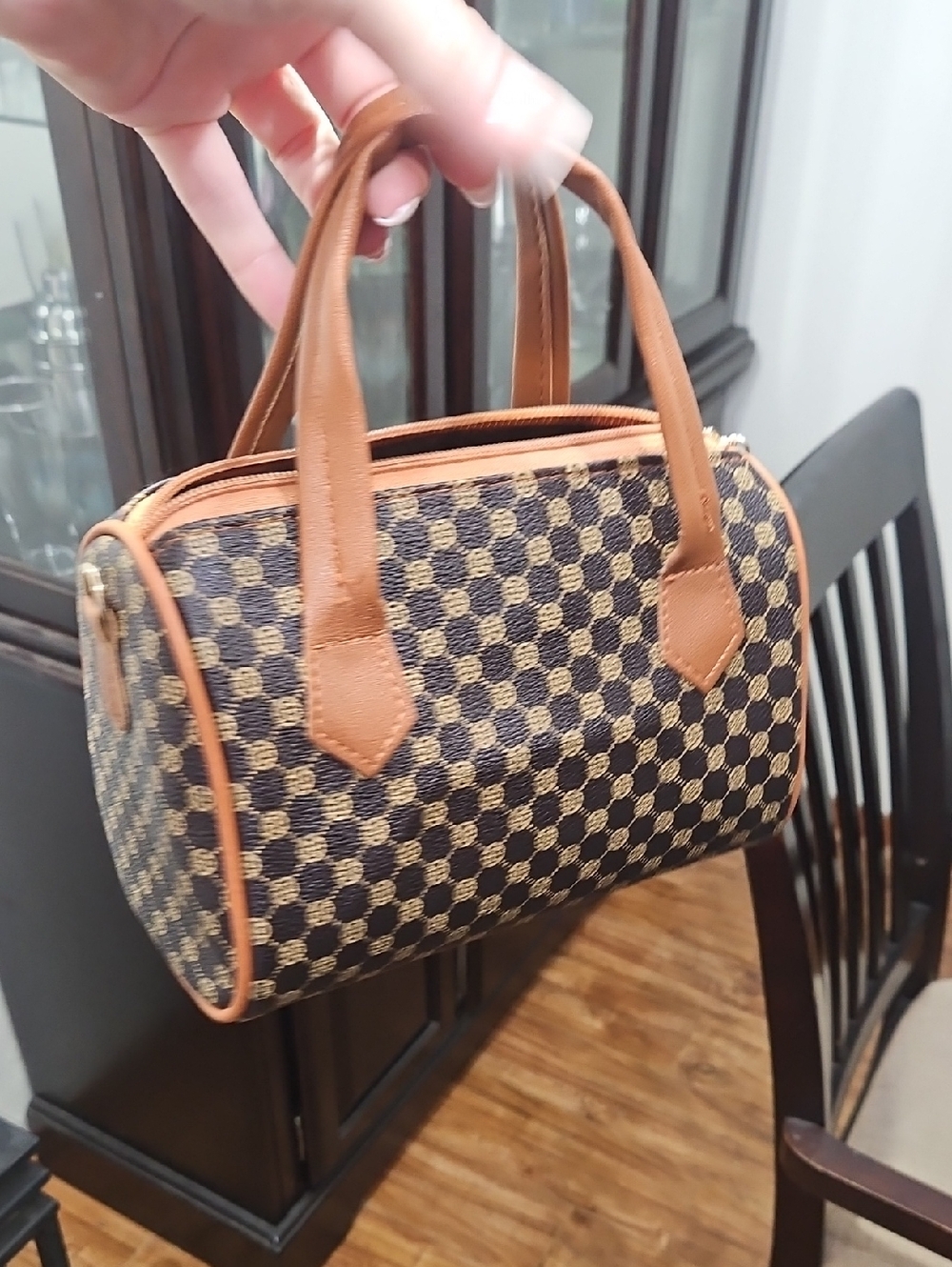 Woven Checker Barrel Tote Bag in Brown